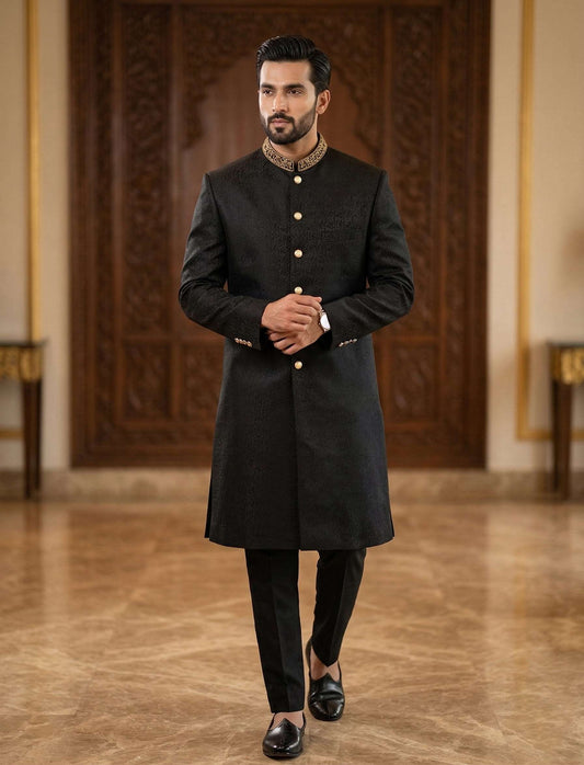 Black Embroidered Collar Sherwani