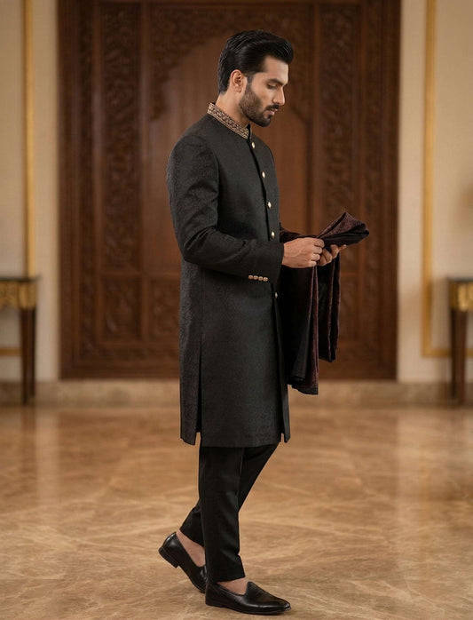 Black Embroidered Collar Sherwani